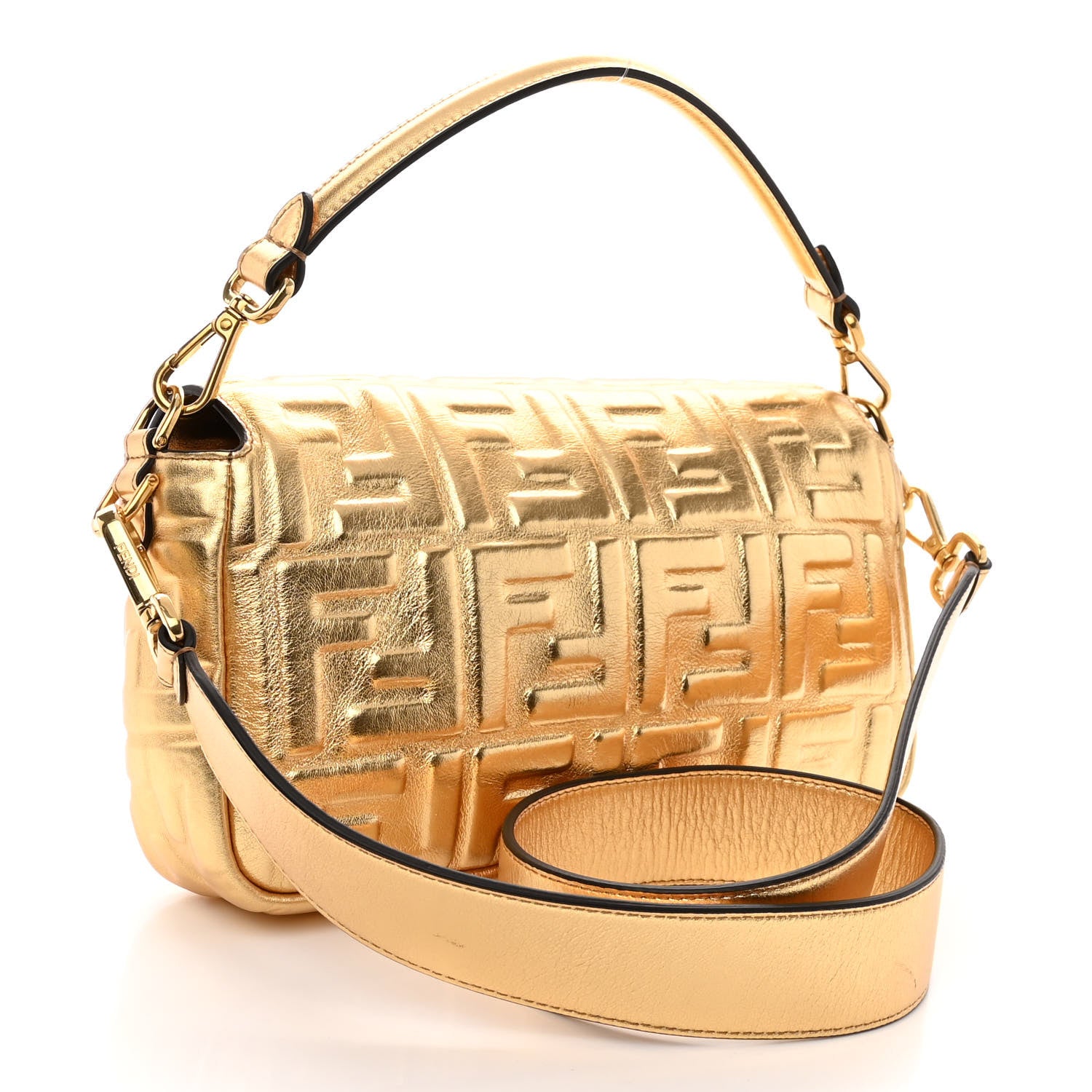 Fendi Vitello Catalan Mirror FF 1974 Embossed Baguette Gold 3 of 9