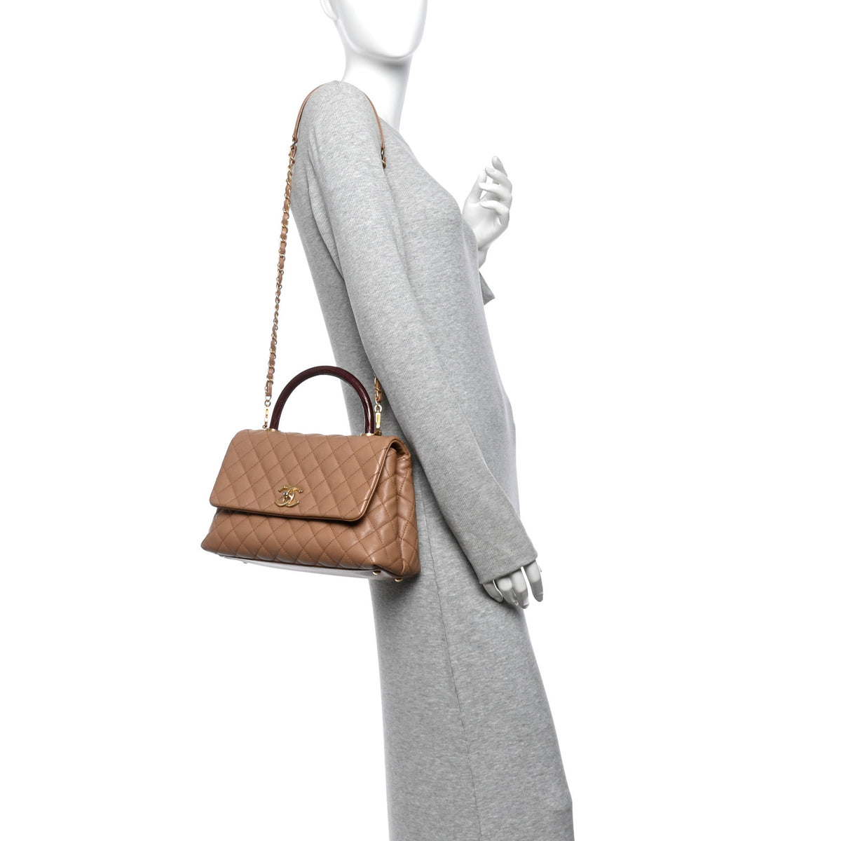 Caviar Lizard Quilted Small Coco Handle Flap Beige