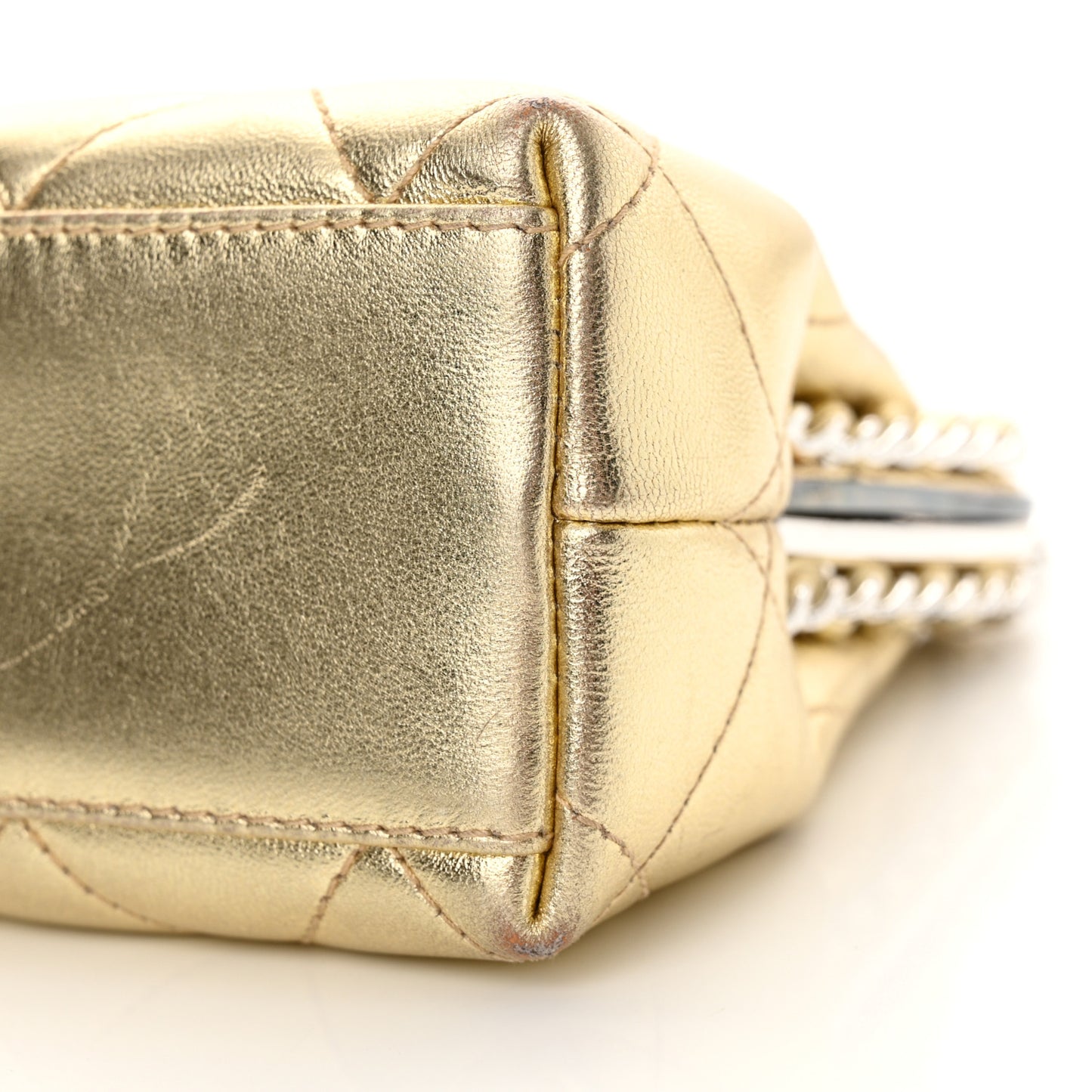 Metallic Lambskin Quilted Chain Around Kiss Lock Evening Clutch Gold