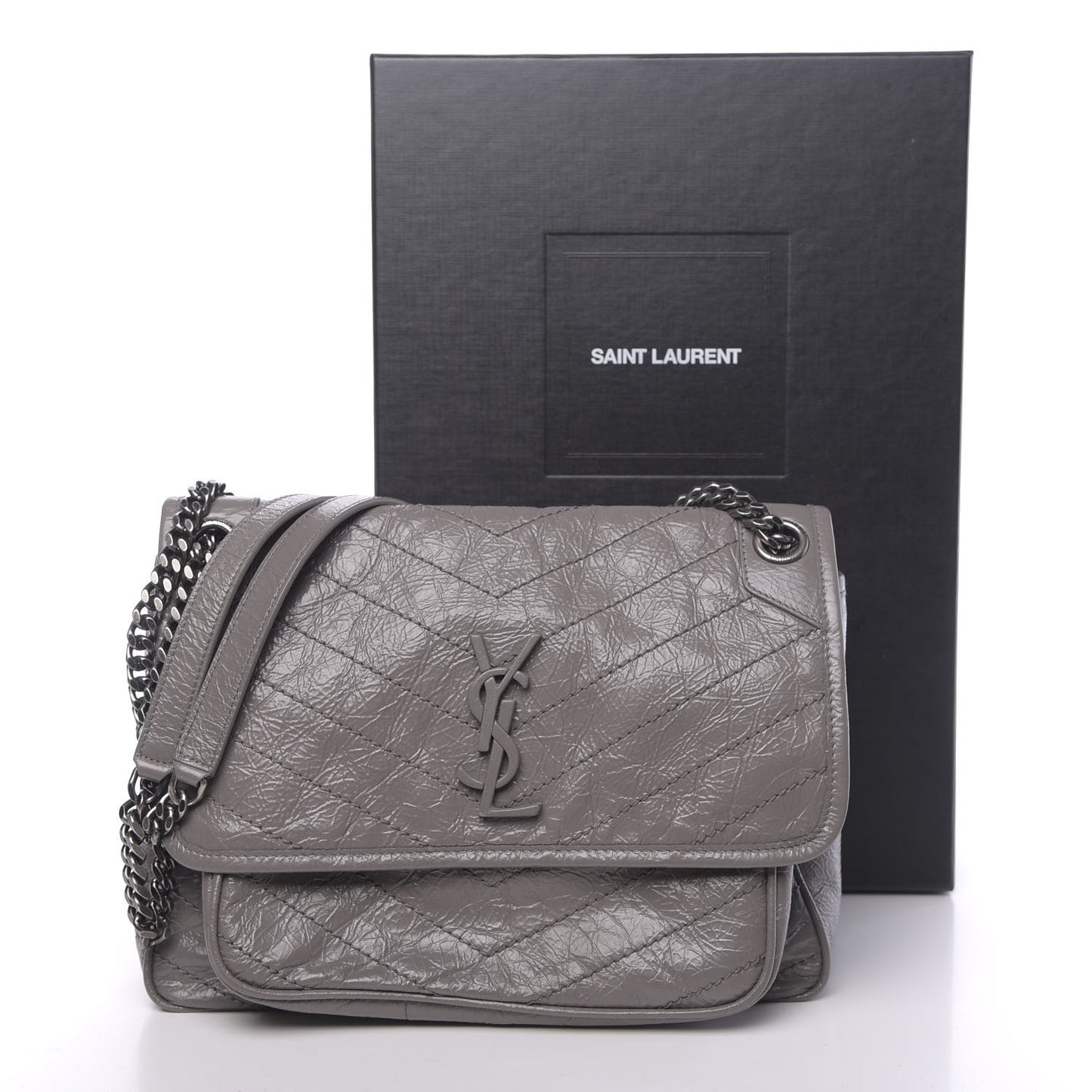 Crinkled Calfskin Matelasse Monogram Medium Niki Chain Satchel Fog