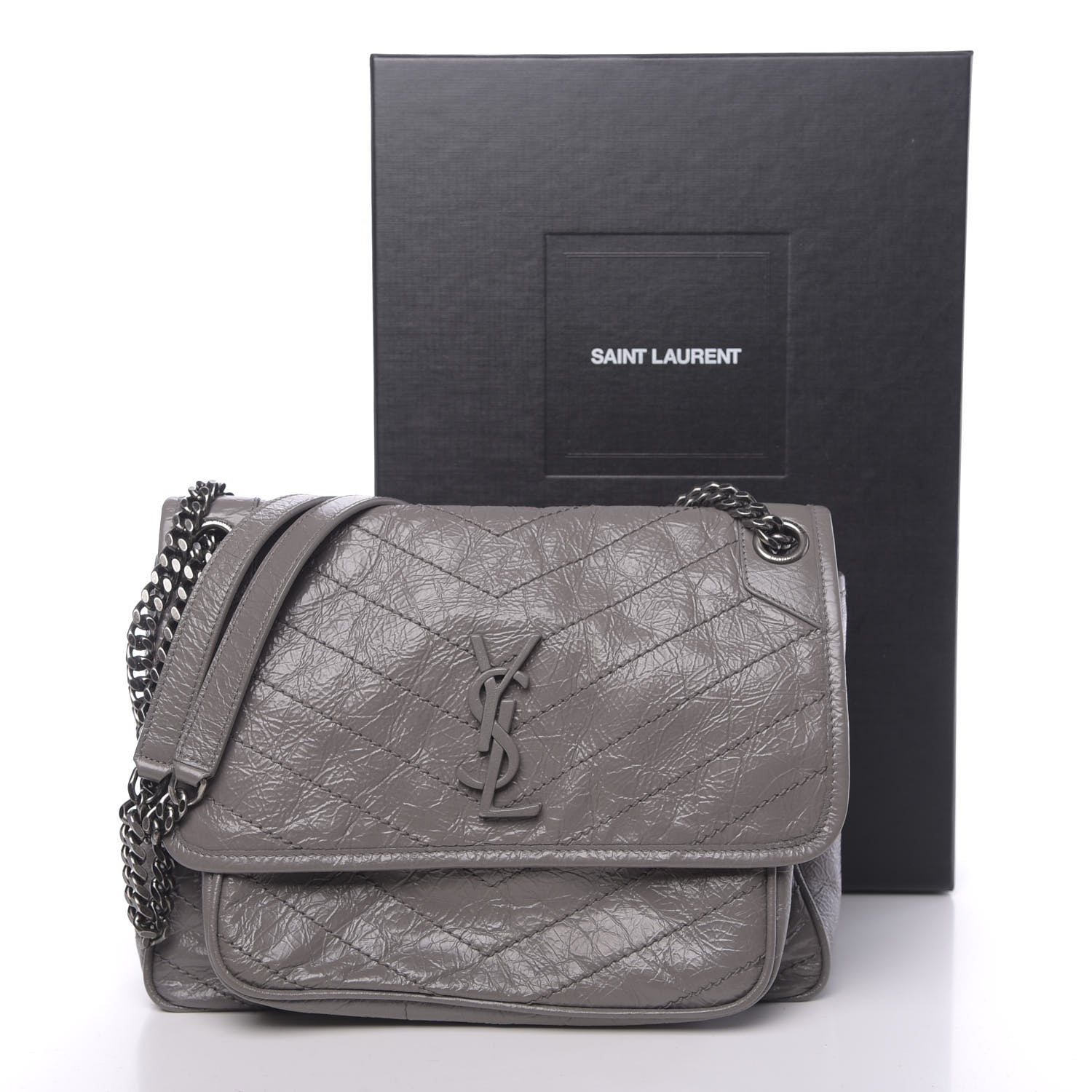 Saint Laurent Crinkled Calfskin Matelasse Monogram Medium Niki Chain Satchel Fog 10 of 10