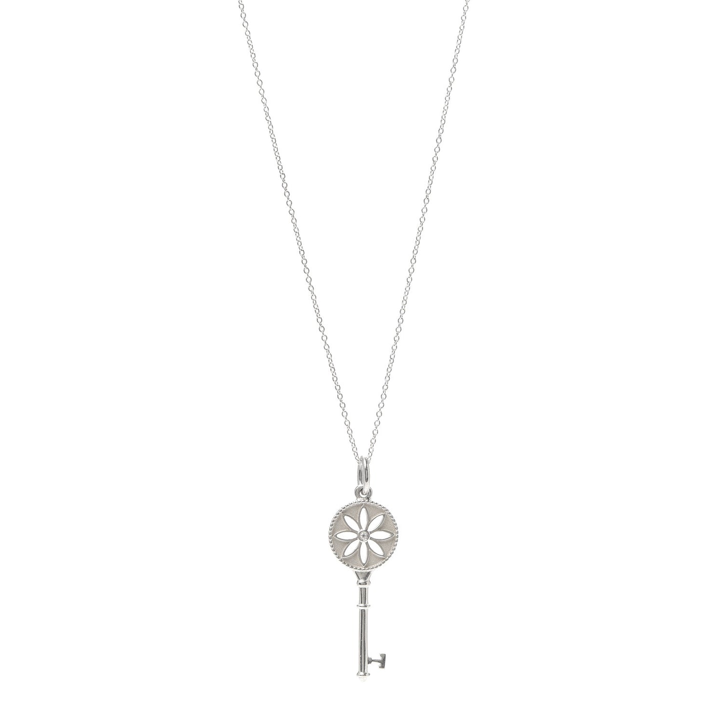 Sterling Silver Diamond Large Daisy Key Pendant Link Necklace
