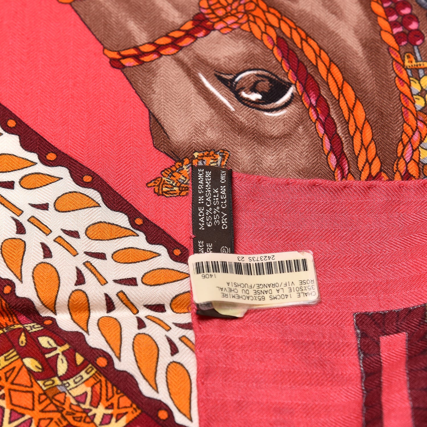 Hermes Cashmere Silk La Danse Du Cheval Shawl 140 Rose Vif Orange Fuchsia 3 of 4