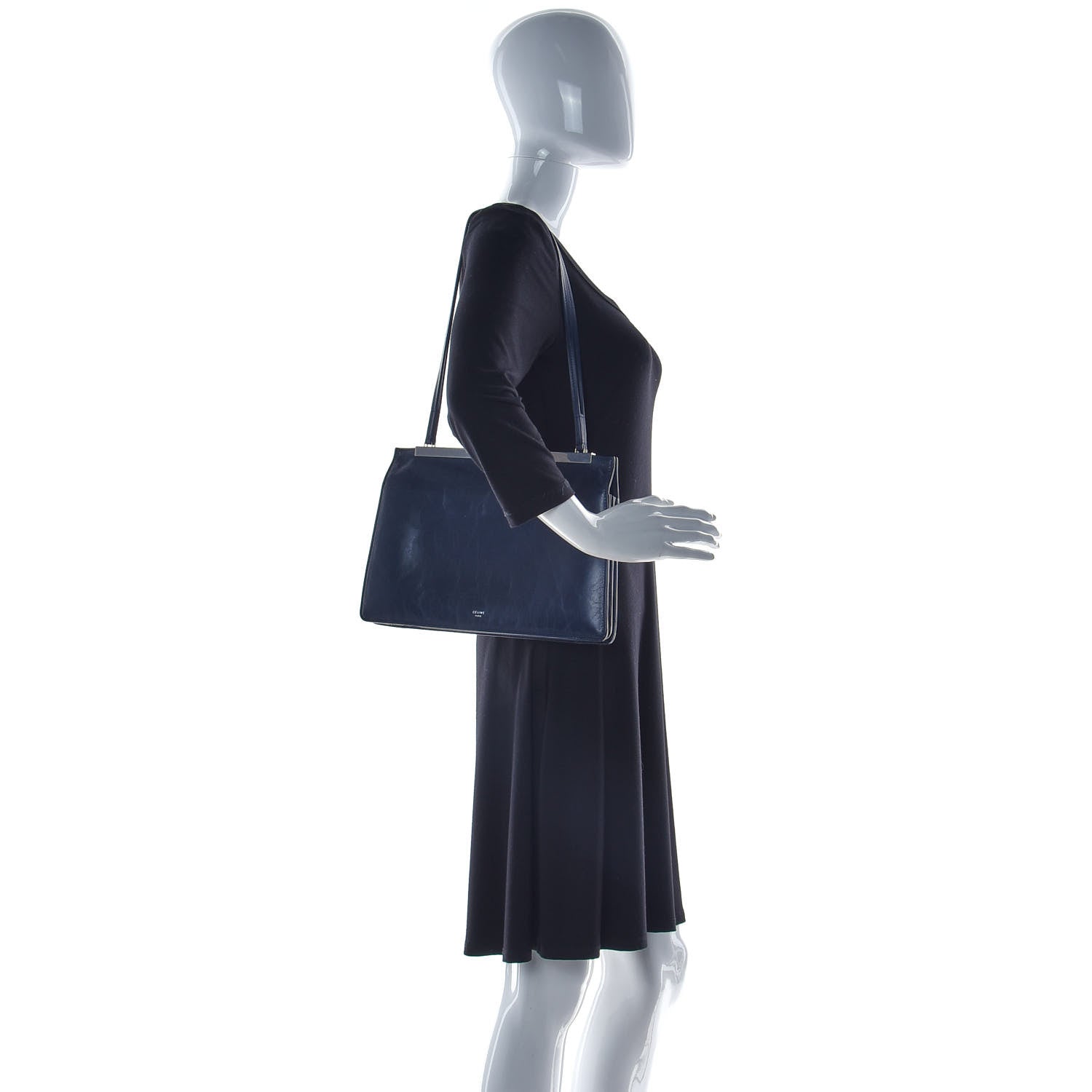 Celine Shiny Paperweight Calfskin Medium Clasp Shoulder Bag Navy Blue 2 of 14