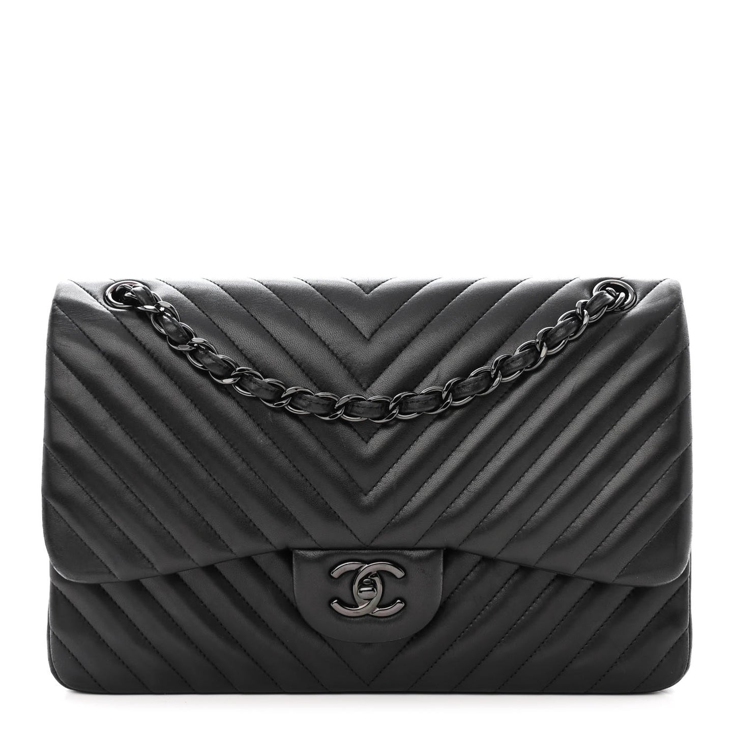 Lambskin Chevron Quilted Jumbo Double Flap So Black