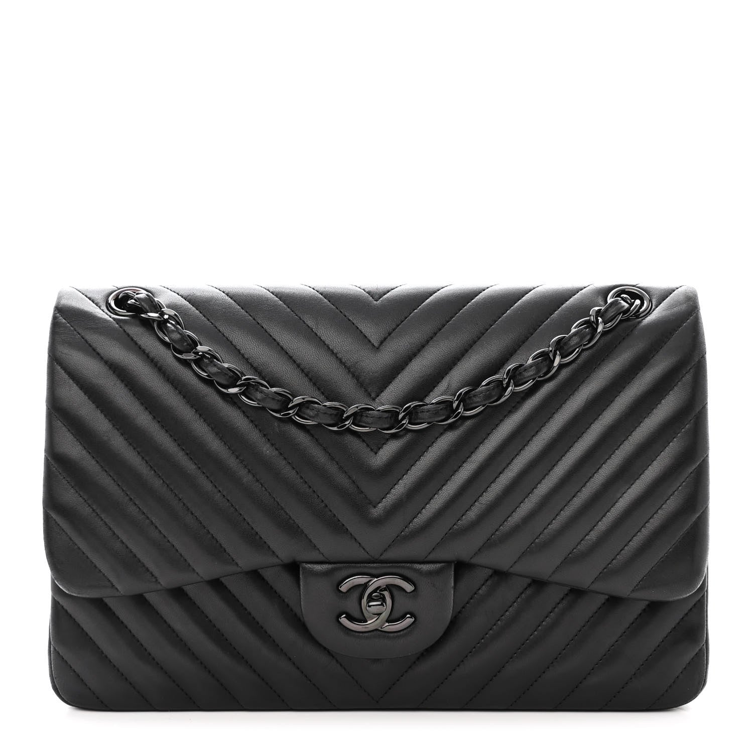Chanel Lambskin Chevron Quilted Jumbo Double Flap So Black 1 of 15