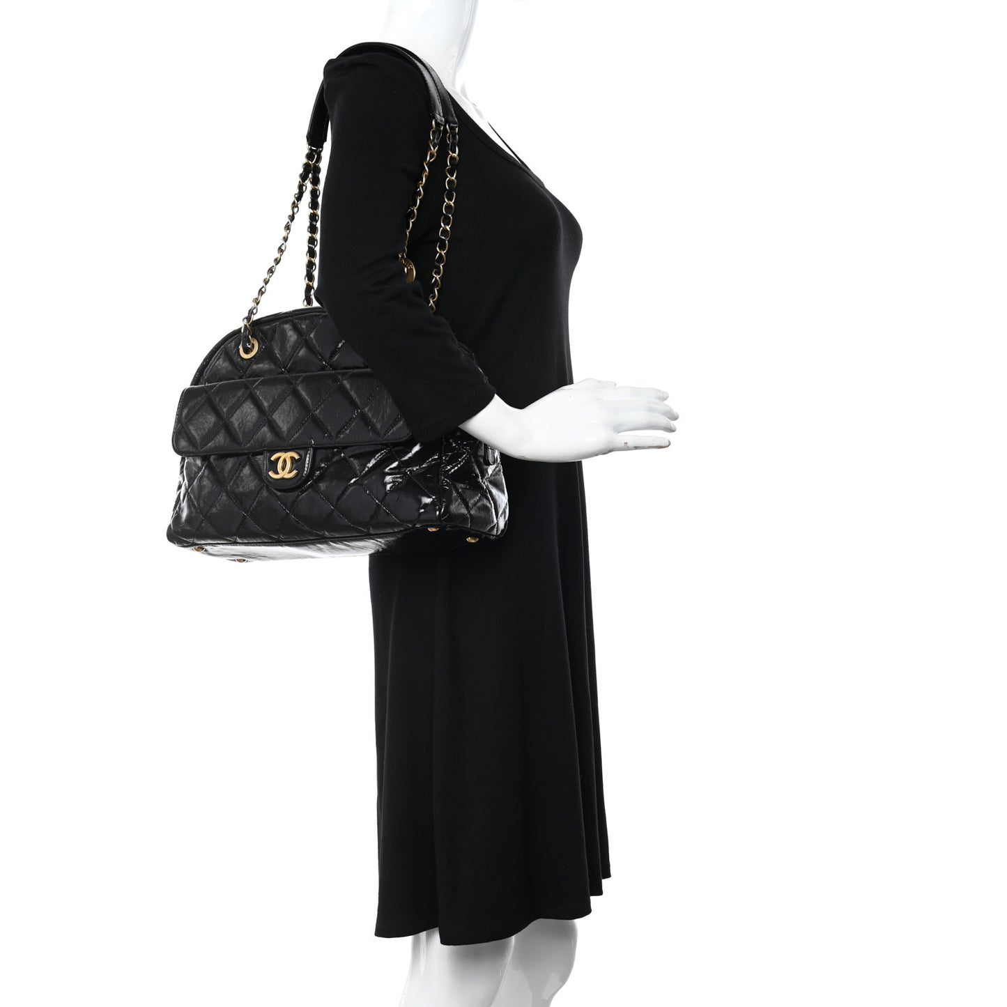 Shiny Crumpled Calfskin Quilted Large Bowling Bag Black