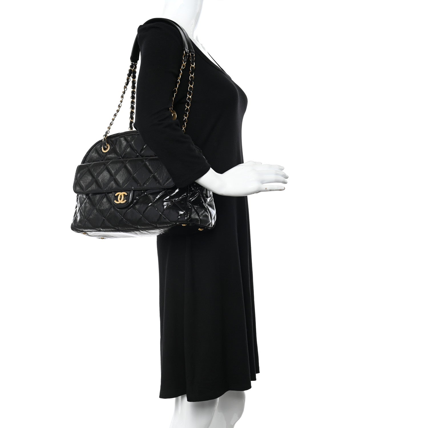 Chanel Shiny Crumpled Calfskin Quilted Large Bowling Bag Black 2 of 10