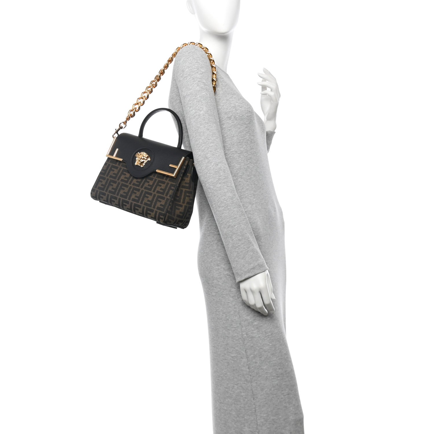 Versace X FENDI Grained Calfskin Fendace Medium La Medusa Top Handle Bag Black Brown 2 of 9
