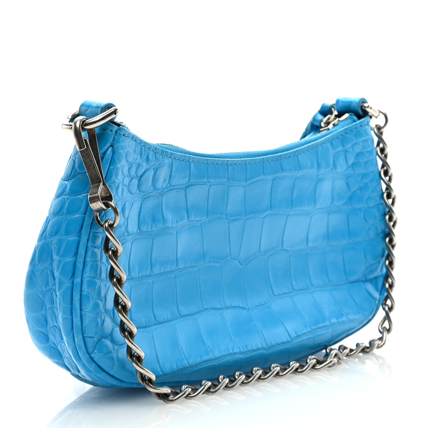 Extra Supple Calfskin Crocodile Embossed Crystal Mini Le Cagole Purse With Chain Cyan