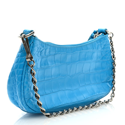 Balenciaga Extra Supple Calfskin Crocodile Embossed Crystal Mini Le Cagole Purse With Chain Cyan 2 of 7