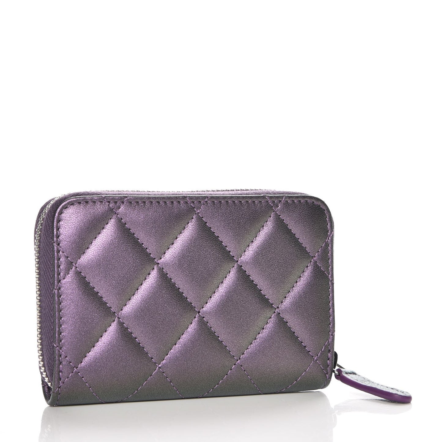 Metallic Lambskin Quilted Zip Around Coin Purse Wallet Purple