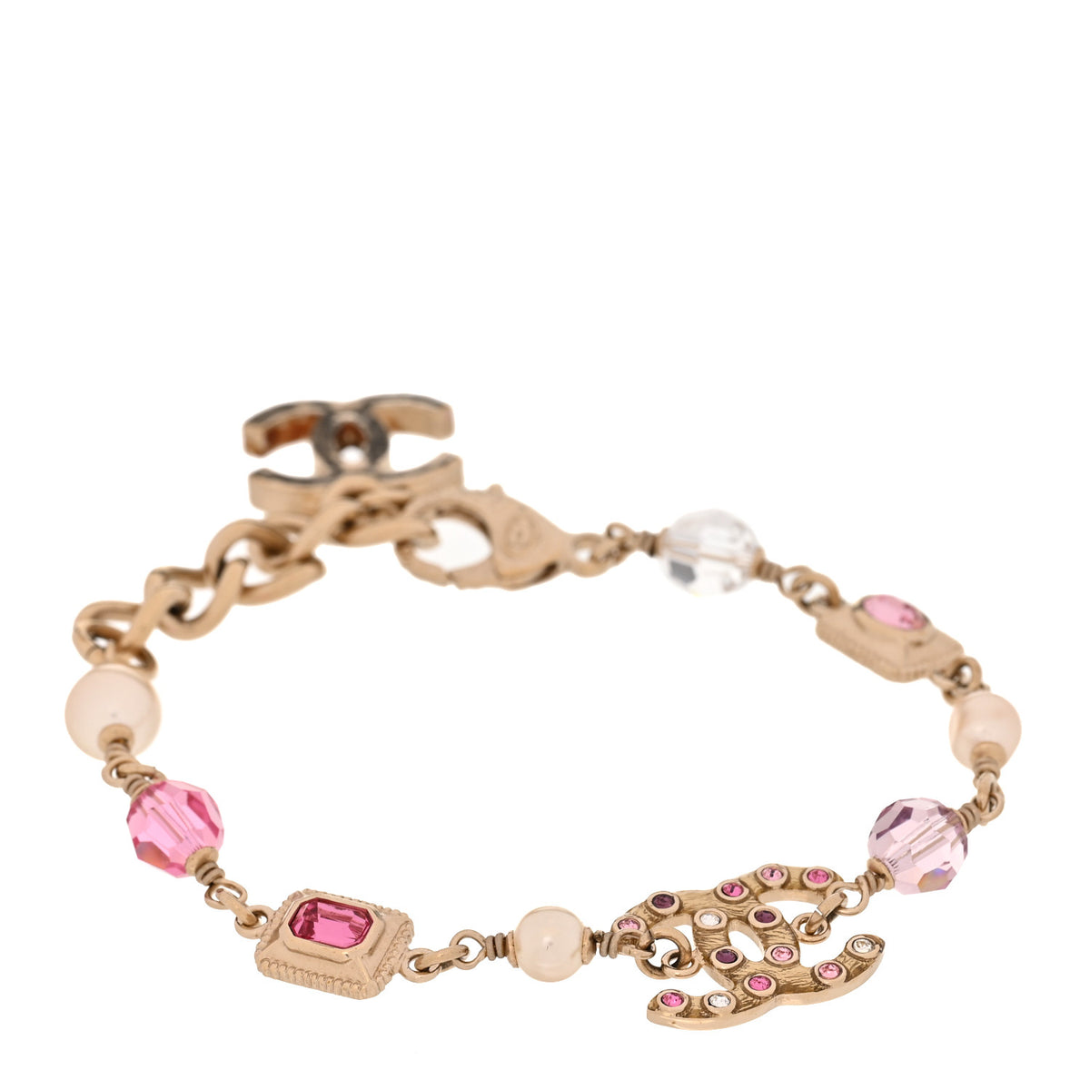 Metal Glass Crystal Strass Pearl CC Chain Bracelet Gold Multicolor Pearly White