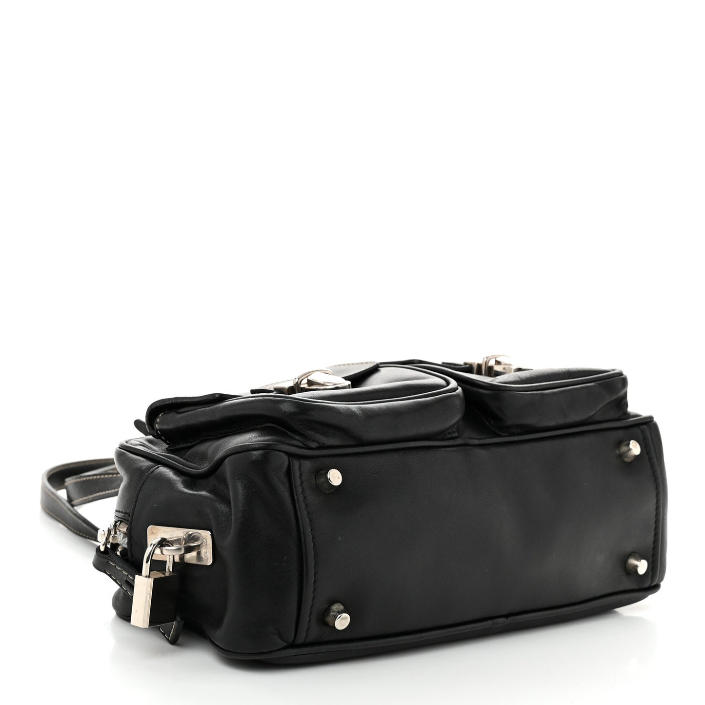 Vitello Heavy Push Lock Pocket Shoulder Bag Black