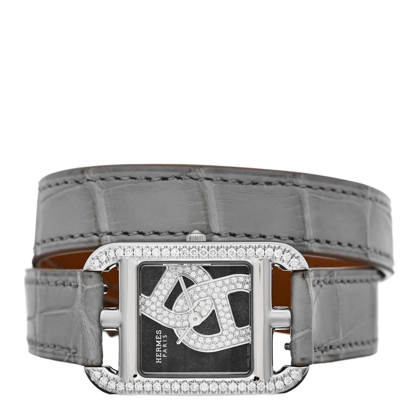 Stainless Steel Alligator Diamond Bezel 23mm Cape Cod Double Tour Chaine d'Ancre Joaillier Quartz Watch Gris Perle