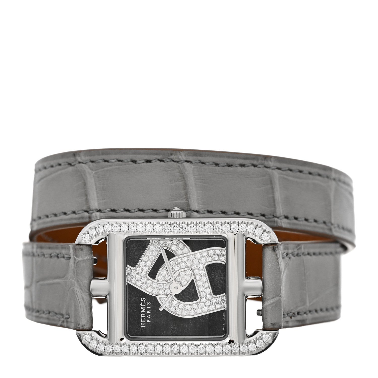 Hermes Stainless Steel Alligator Diamond Bezel 23mm Cape Cod Double Tour Chaine d'Ancre Joaillier Quartz Watch Gris Perle 2 of 5