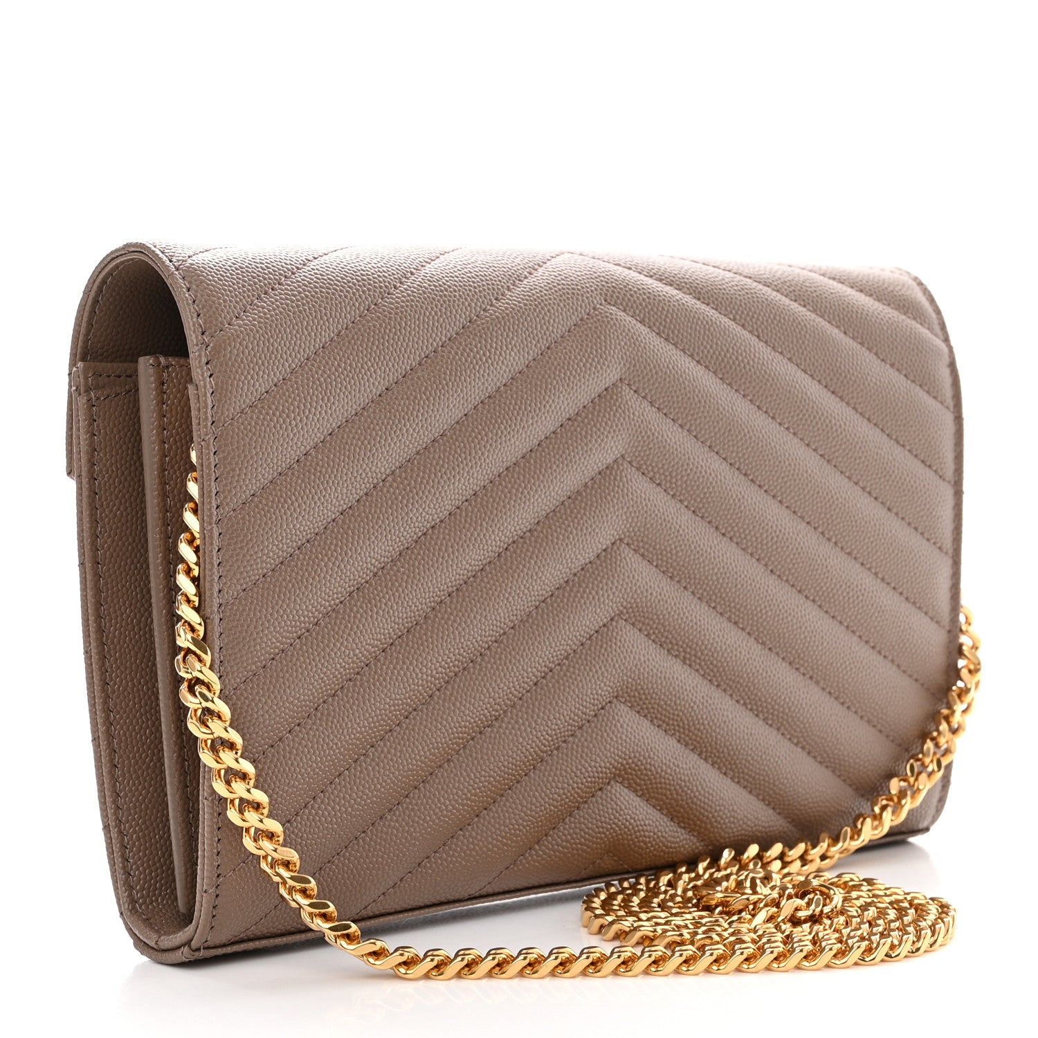 Saint Laurent Grain De Poudre Matelasse Chevron Monogram Chain Wallet Taupe 3 of 14