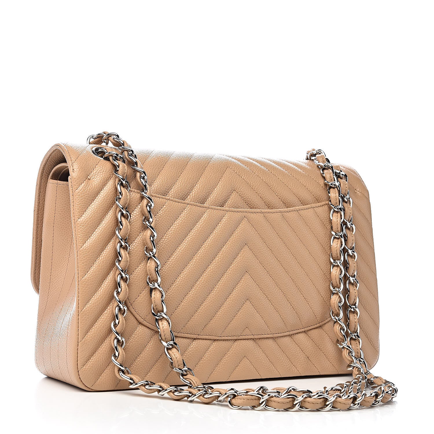 Chanel Caviar Chevron Quilted Jumbo Double Flap Beige 3 of 12