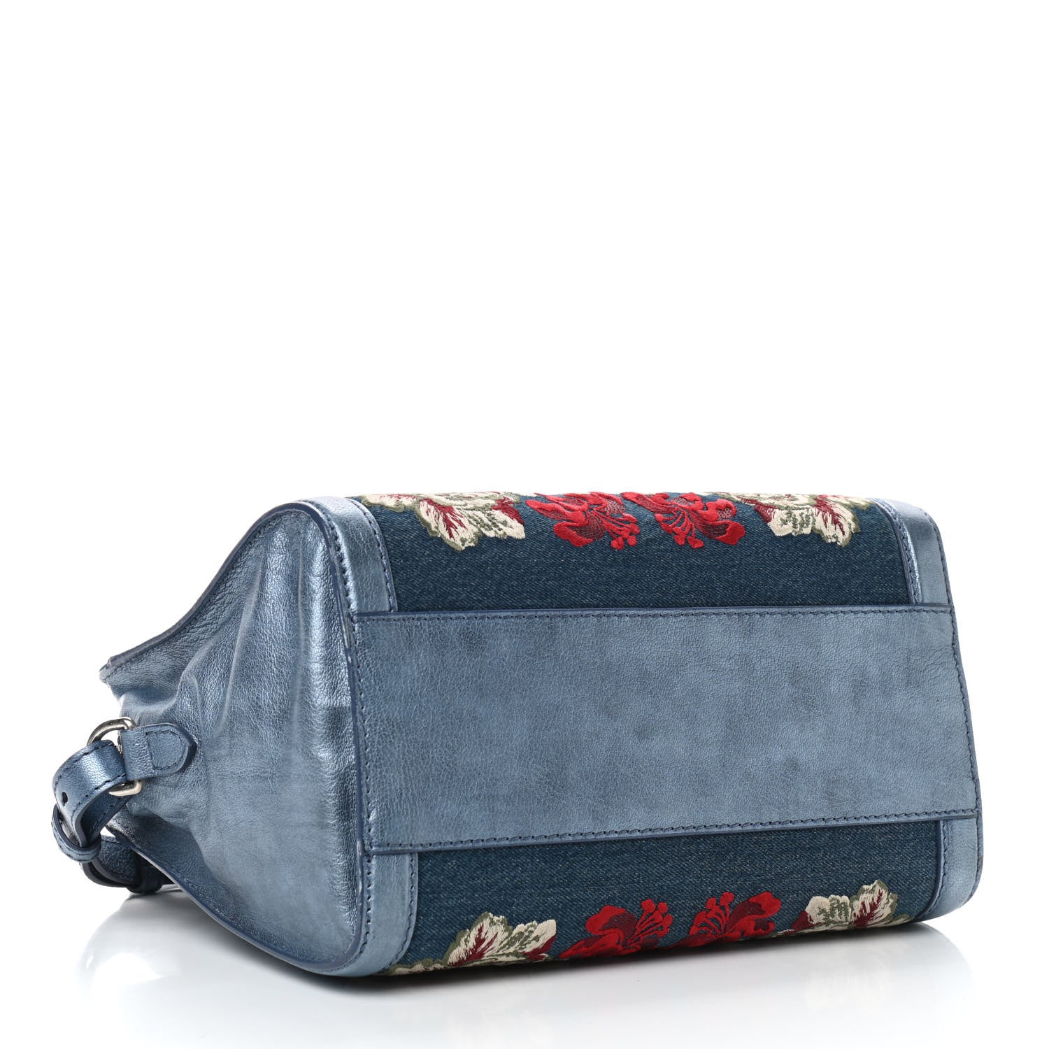 Alexander McQueen Denim Floral Embroidered Small Skull Padlock Zip Around Tote Blue Multicolor 3 of 8