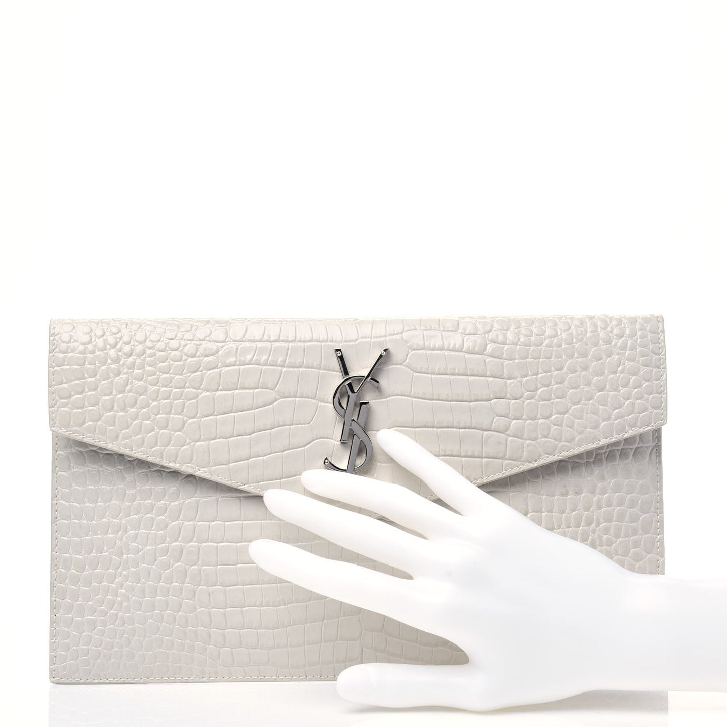 Calfskin Crocodile Embossed Uptown Monogram Pouch Crema Soft