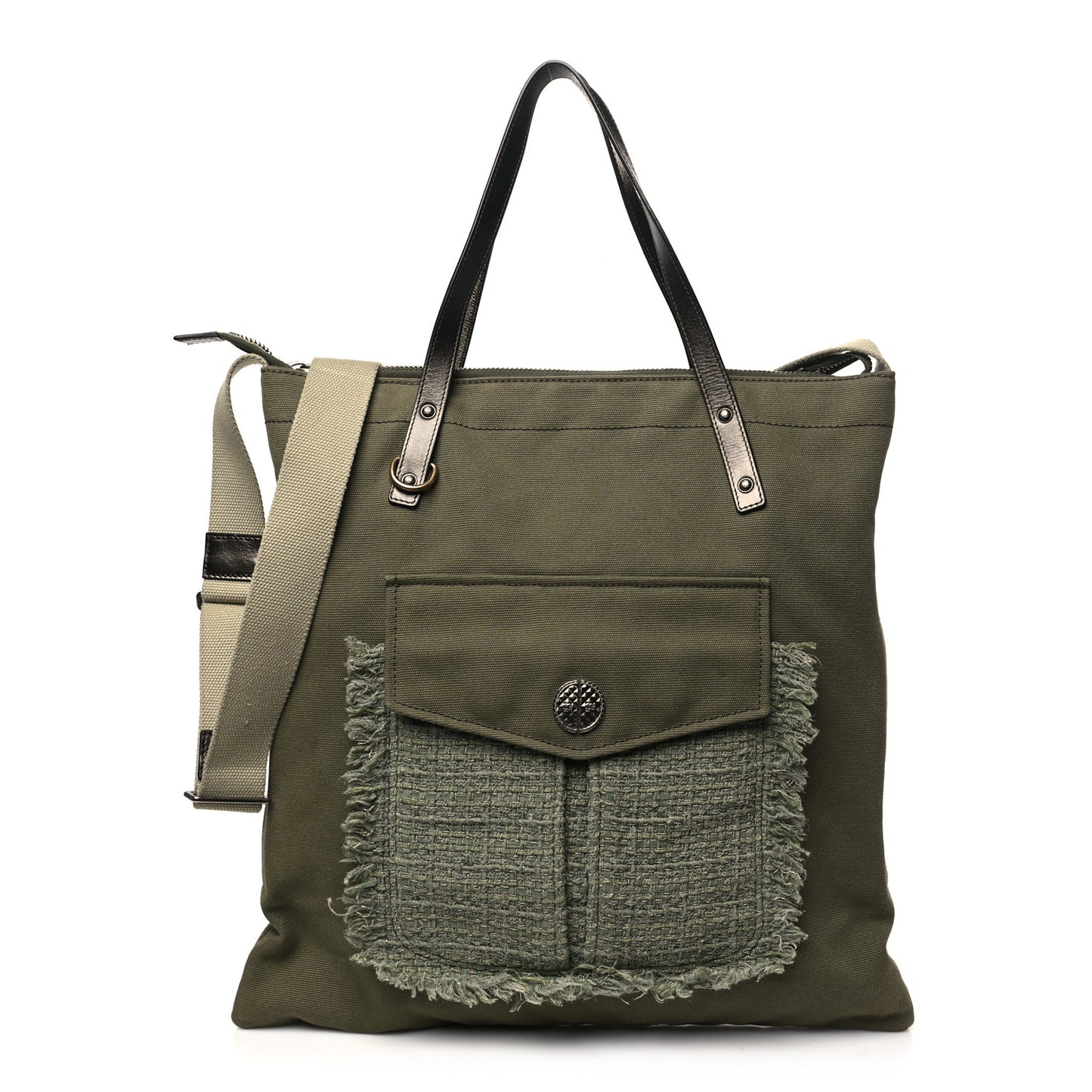 Canvas Tweed Stitched Cuba Patchwork Large Crossbody Shopper Tote Khaki