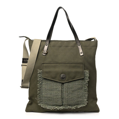 Chanel Canvas Tweed Stitched Cuba Patchwork Large Crossbody Shopper Tote Khaki 1 of 10