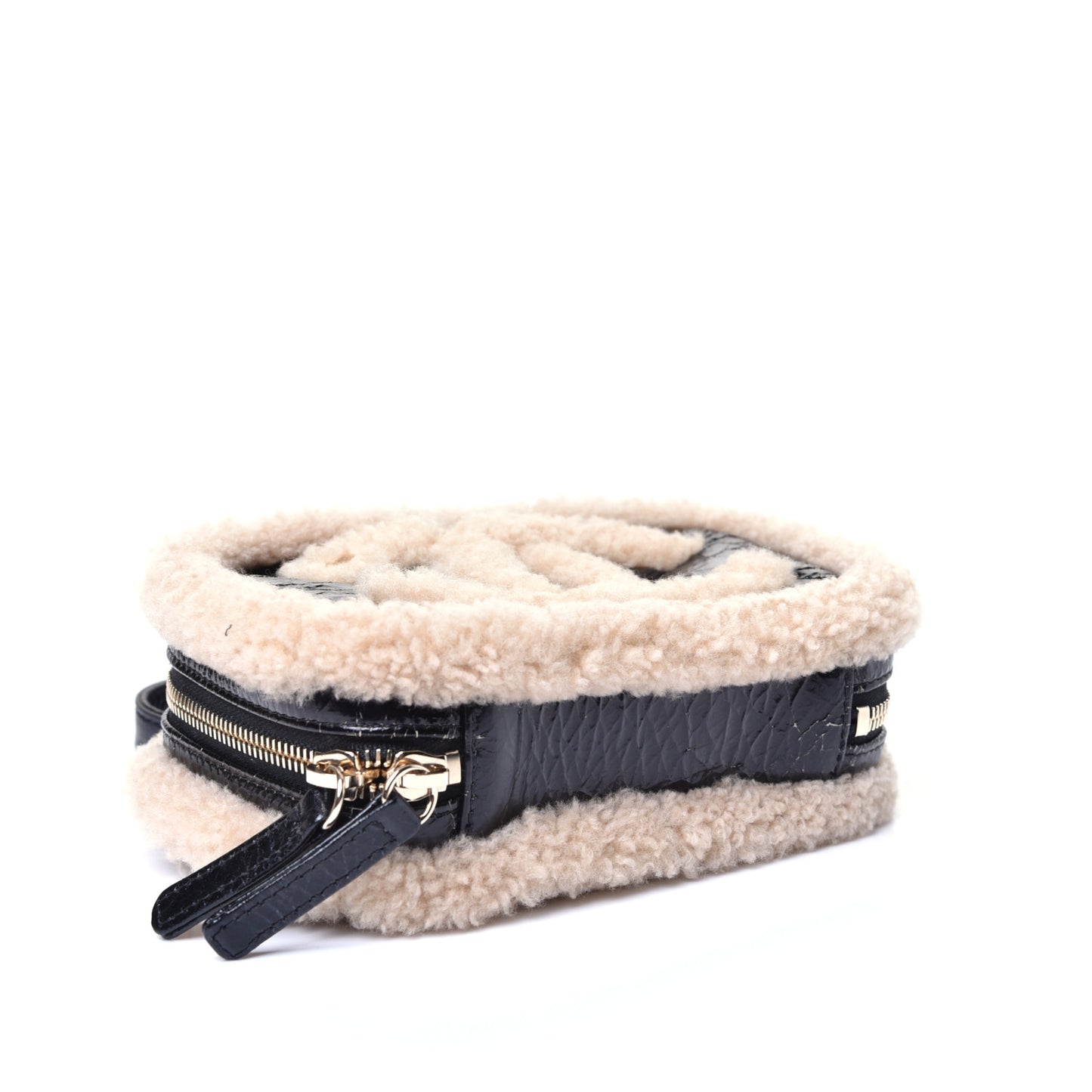 Shiny Crumpled Sheepskin Shearling Waist Bag Black Beige