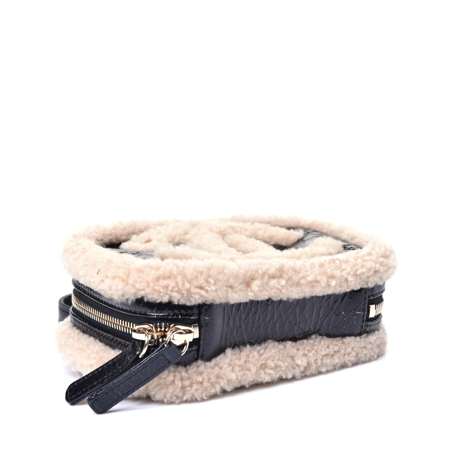 Chanel Shiny Crumpled Sheepskin Shearling Waist Bag Black Beige 4 of 9