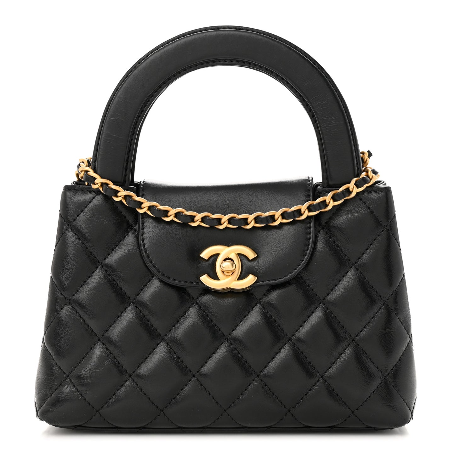 Shiny Aged Calfskin Quilted Nano Kelly Shopper Black