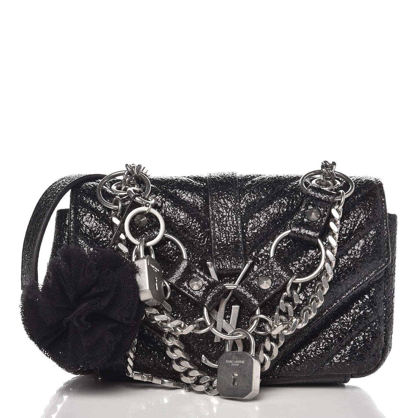 Metallic Crackled Calfskin Chevron Monogram Classic Baby Punk Chain Bag Black