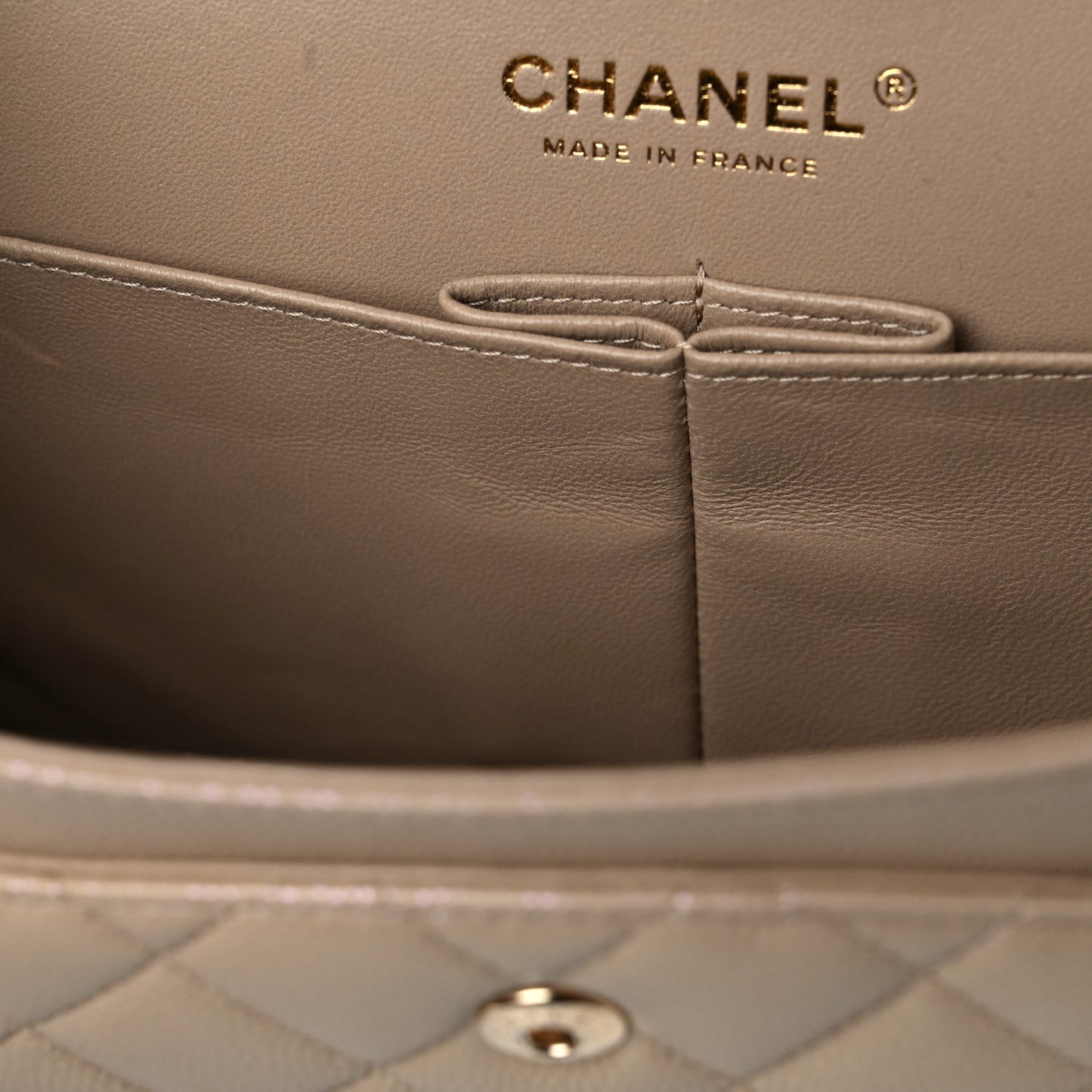 Iridescent Caviar Quilted Medium Double Flap Dark Beige