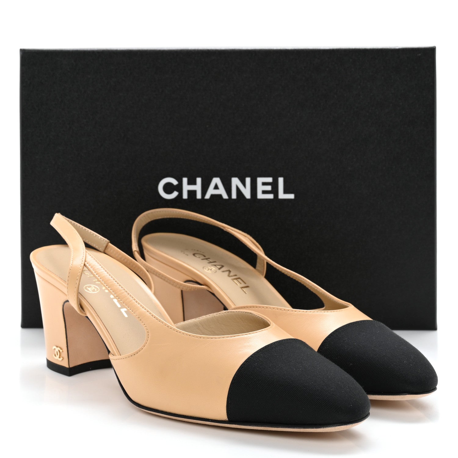 Chanel Lambskin Grosgrain Cap Toe CC Slingback Pumps 39 Beige Black 10 of 10