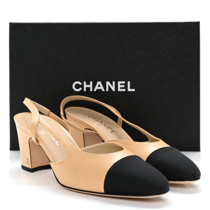 Chanel Lambskin Grosgrain Cap Toe CC Slingback Pumps 39 Beige Black 10 of 10