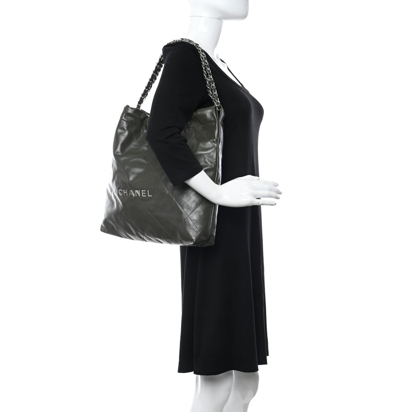 Shiny Calfskin Quilted Chanel 22 Khaki