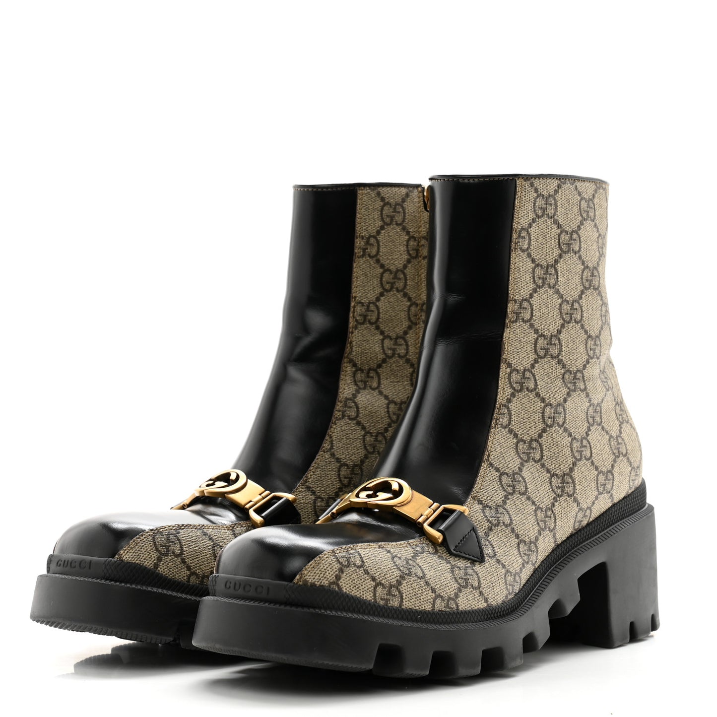 GG Supreme Monogram Magnum Calfskin Interlocking G Womens Lug Sole Ankle Boots 39.5 Beige Ebony Black