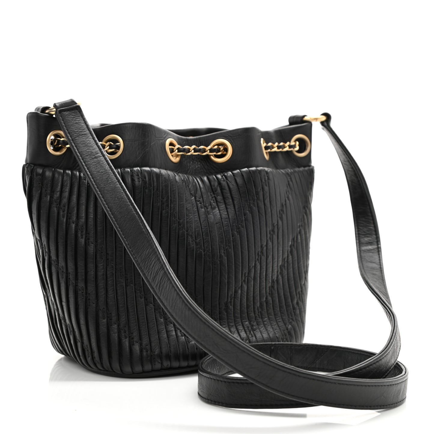 Iridescent Crumpled Calfskin Coco Pleats Small Drawstring Bag Black