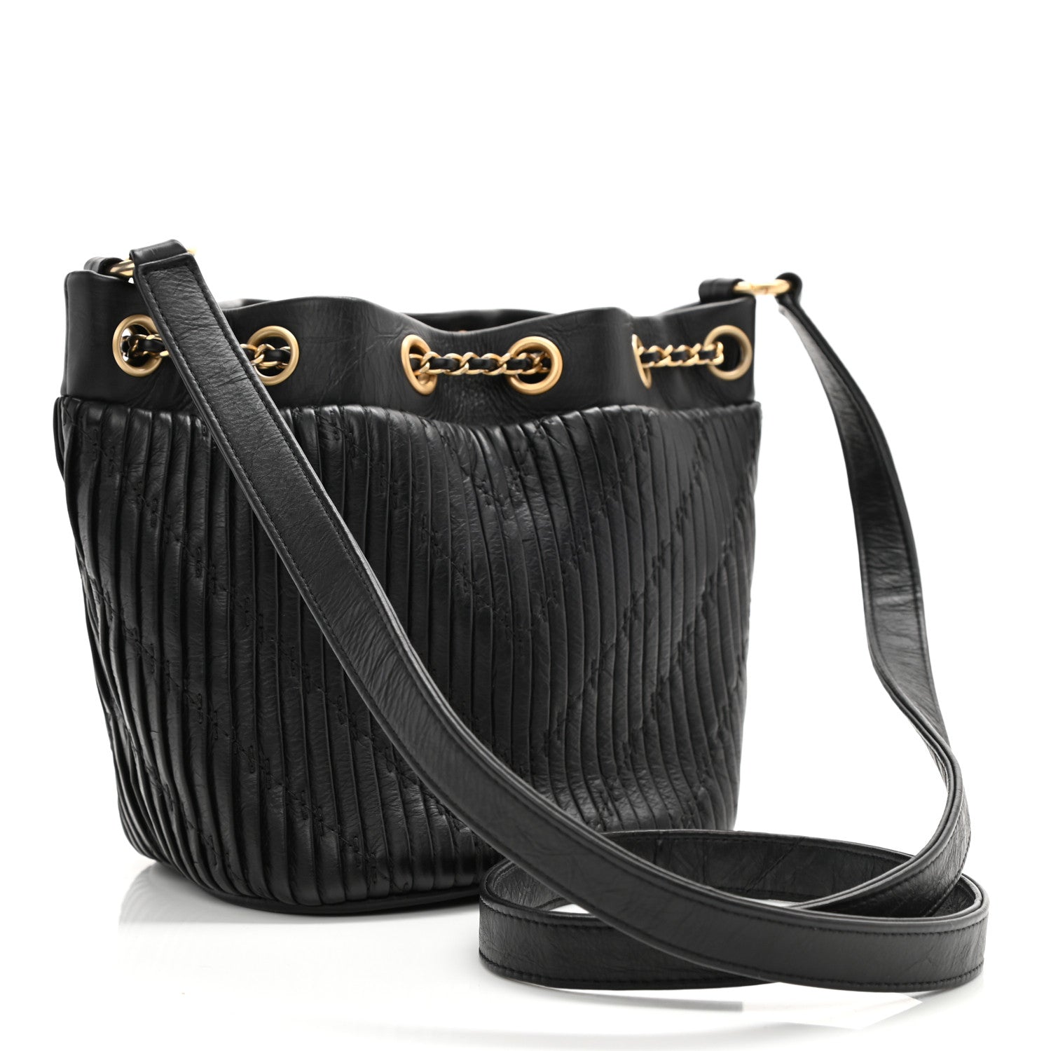 Chanel Iridescent Crumpled Calfskin Coco Pleats Small Drawstring Bag Black 3 of 10
