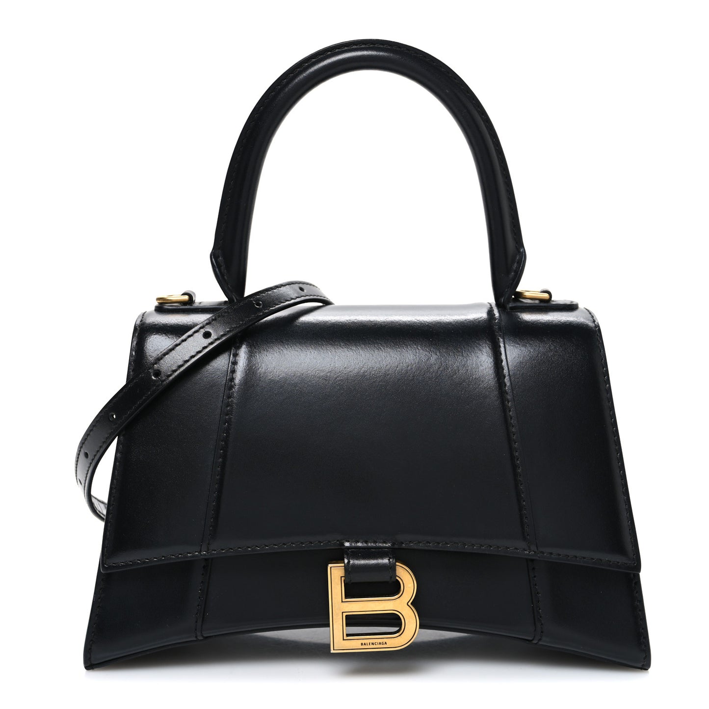 Shiny Box Calfskin Small Hourglass Top Handle Bag Black