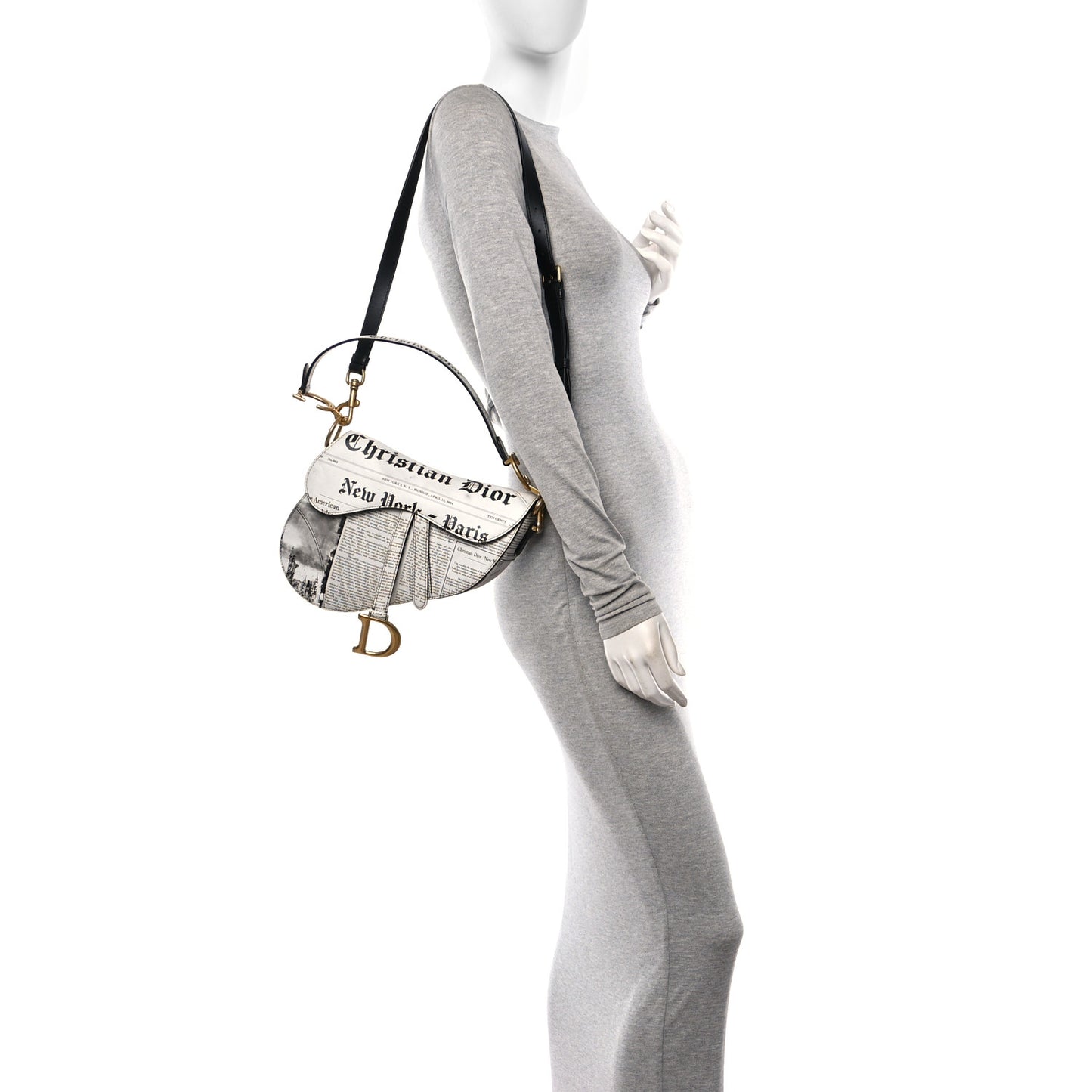 Calfskin Newspaper Printed Saddle Bag With Strap Black White