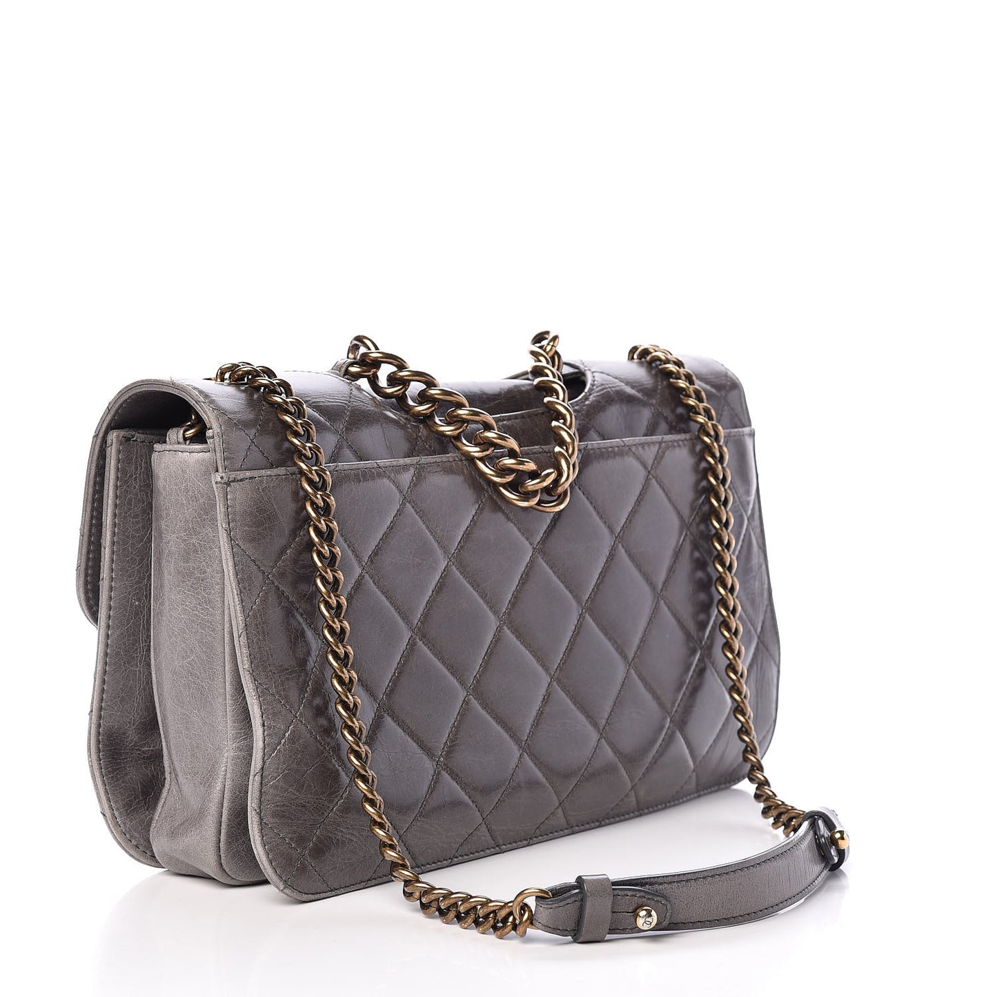Glazed Calfskin Quilted Large Perfect Edge Flap Grey