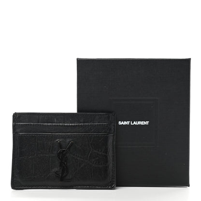 Saint Laurent Calfskin Crocodile Embossed Monogram Credit Card Case Black 9 of 9