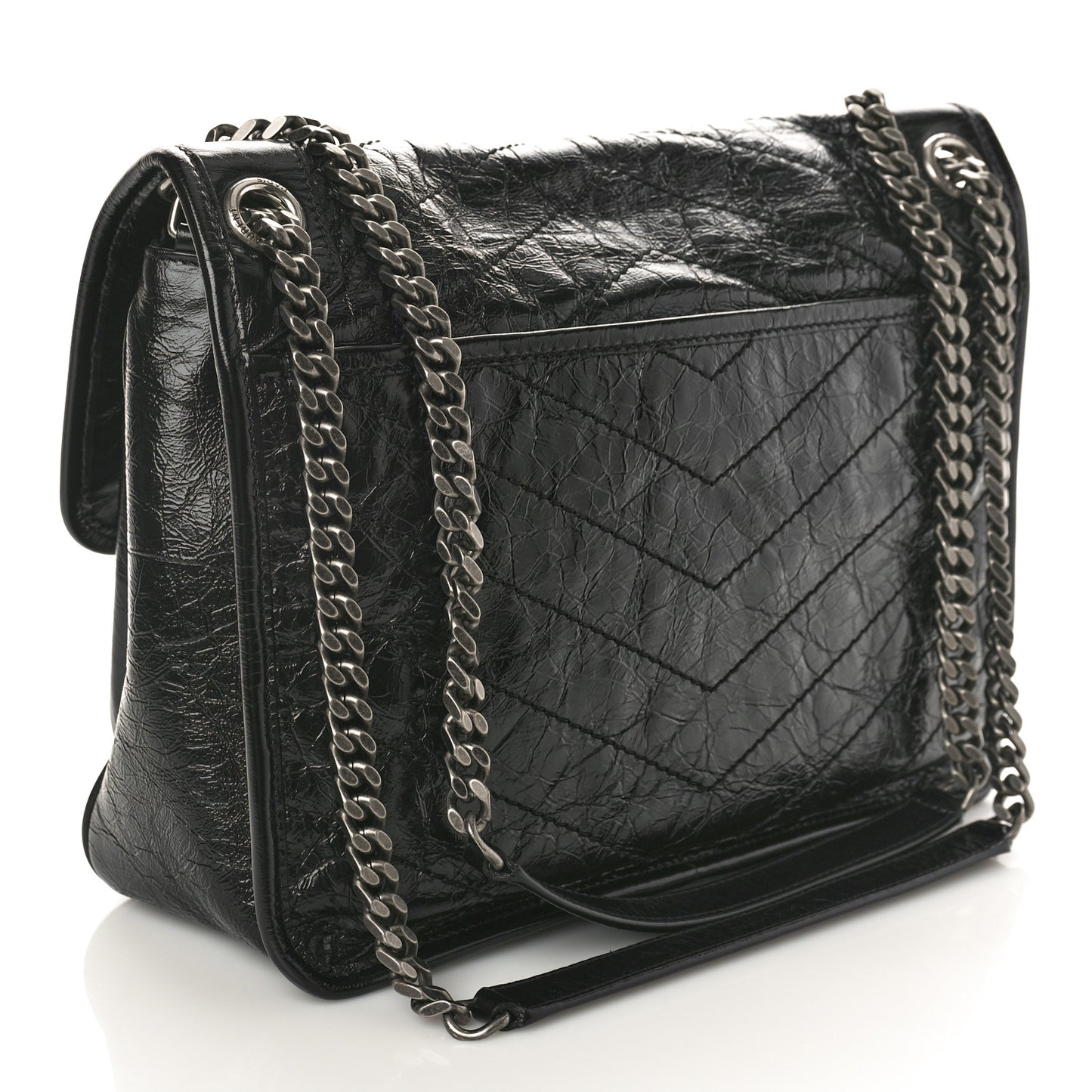 Crinkled Calfskin Matelasse Monogram Medium Niki Chain Satchel Black
