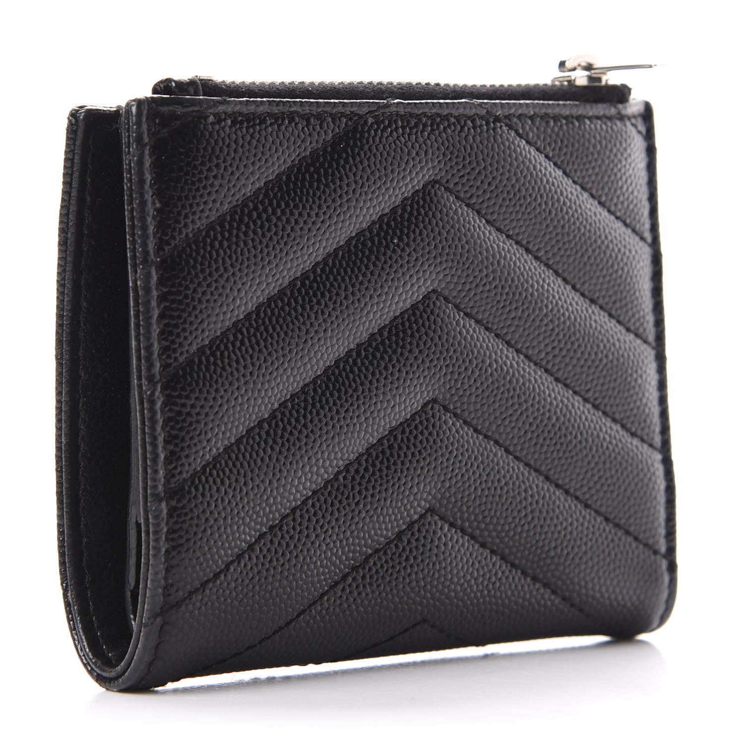 Saint Laurent Grain De Poudre Matelasse Chevron Monogram Zipped Card Case Black 3 of 8