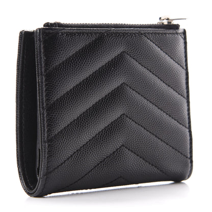 Saint Laurent Grain De Poudre Matelasse Chevron Monogram Zipped Card Case Black 3 of 8