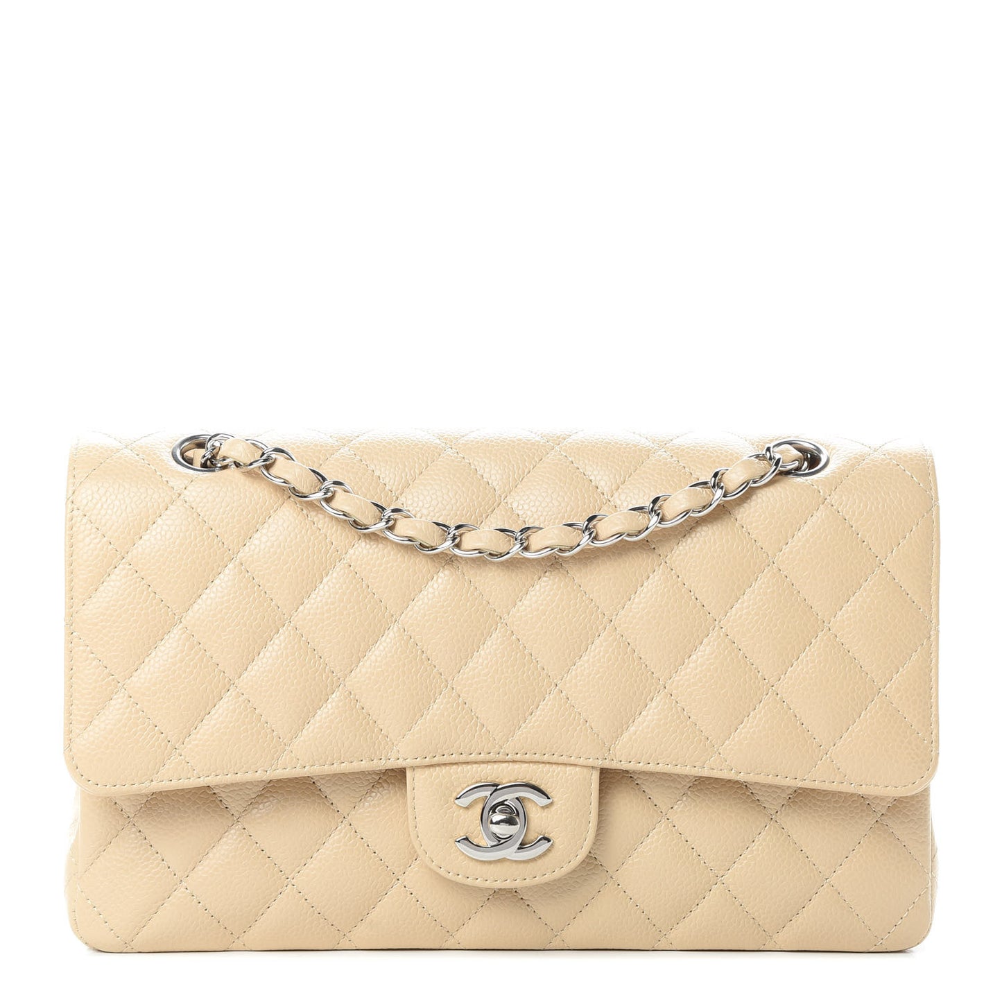 Caviar Quilted Medium Double Flap Beige
