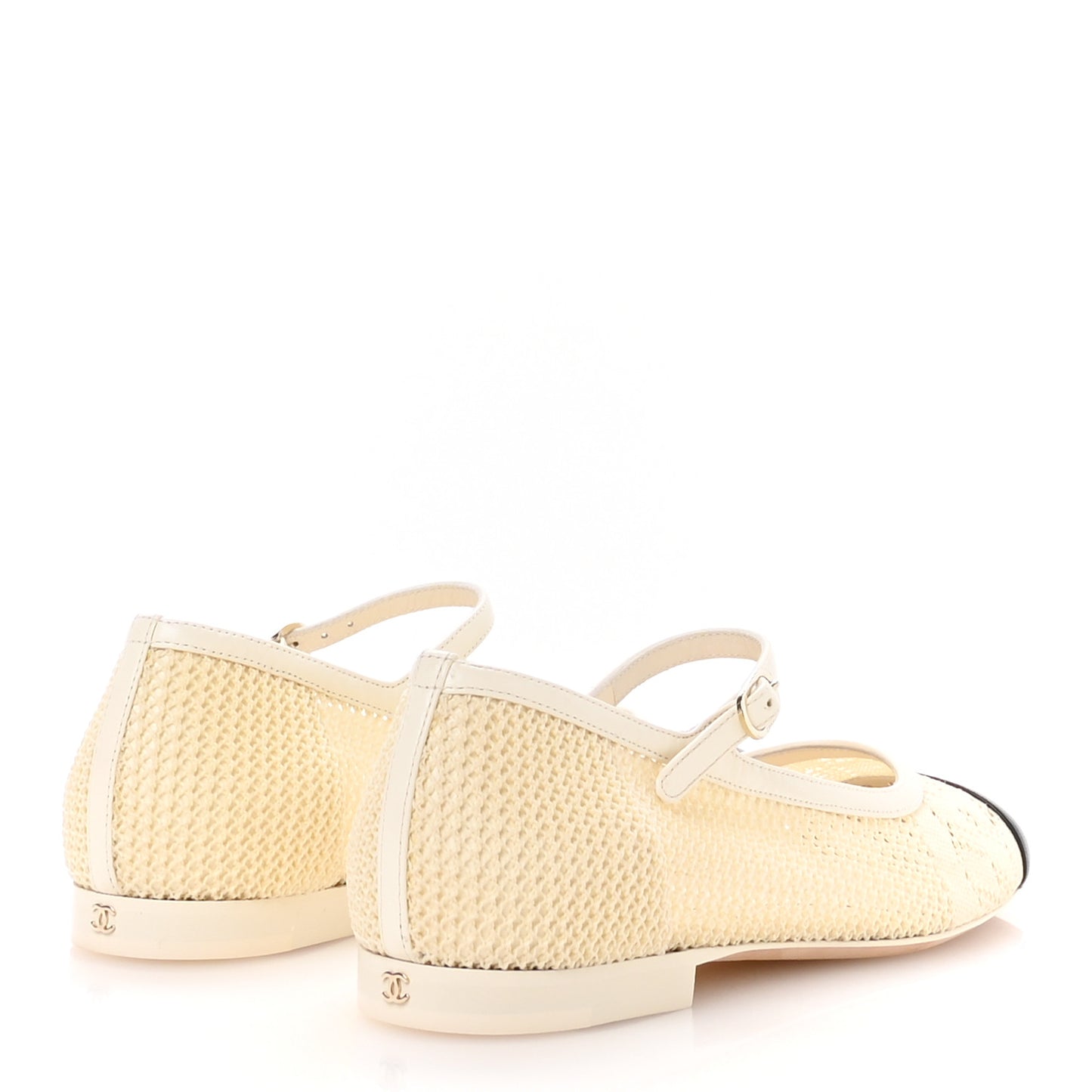 Crochet Lambskin Cap Toe Mary Jane Flats 39 Natural Beige Black