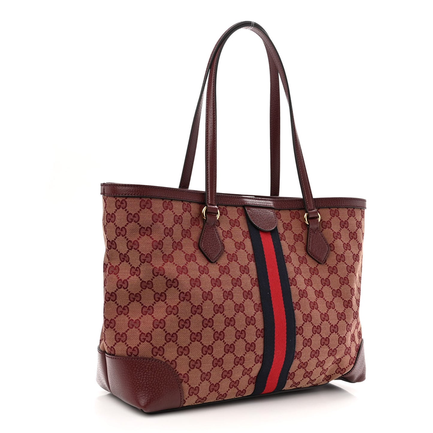 Monogram Textured Dollar Calfskin Web Medium Ophidia Shopping Tote Sahara Rubino Chardonnay