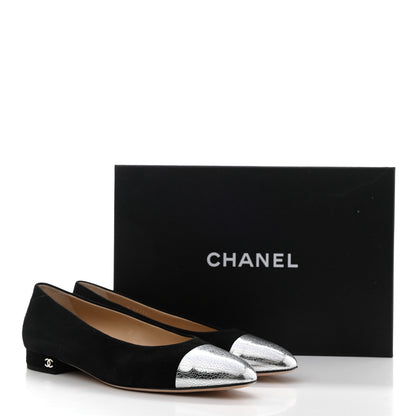 Chanel Kid Suede Metallic Lambskin Cap Toe Ballerina Flats 38.5 Silver Black 9 of 9