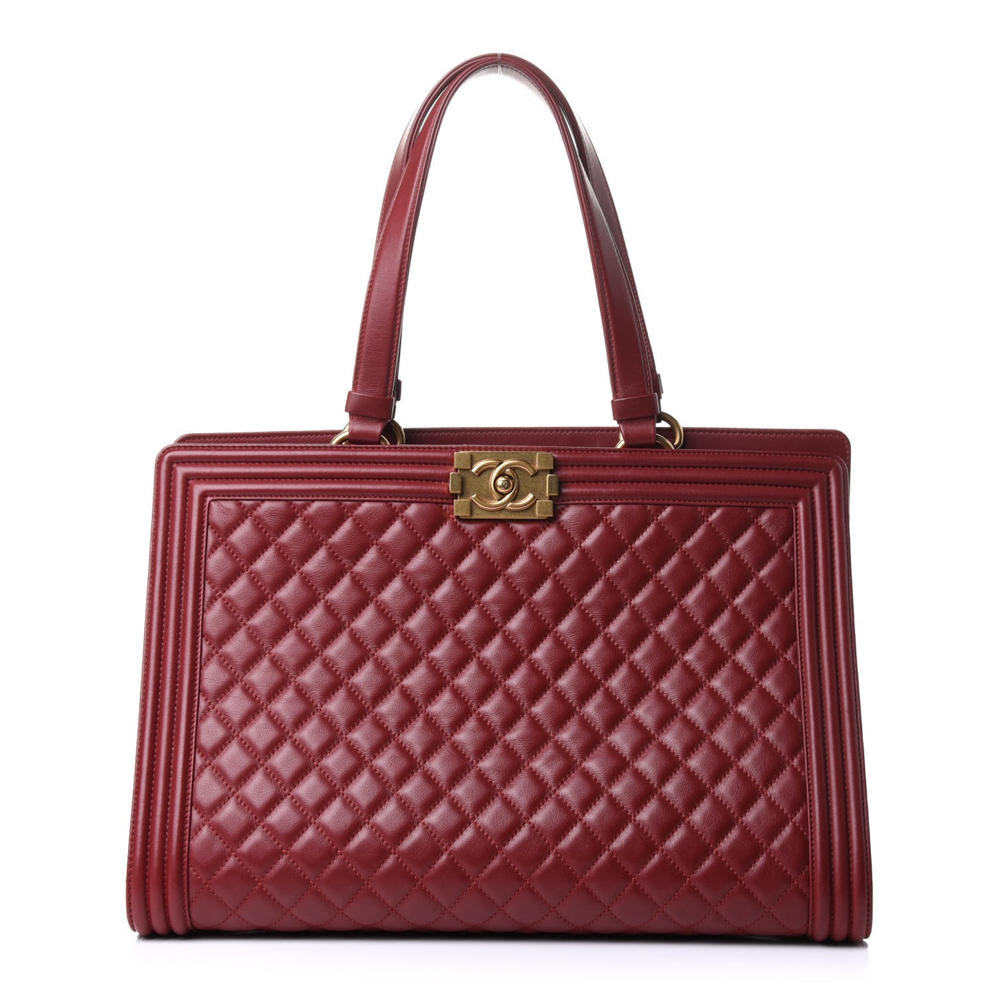 Lambskin Quilted Boy Shopping Tote Dark Red