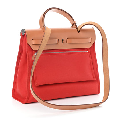 Hermes Vache Hunter Toile Herbag Zip 31 PM Rouge Tomate Natural 3 of 8
